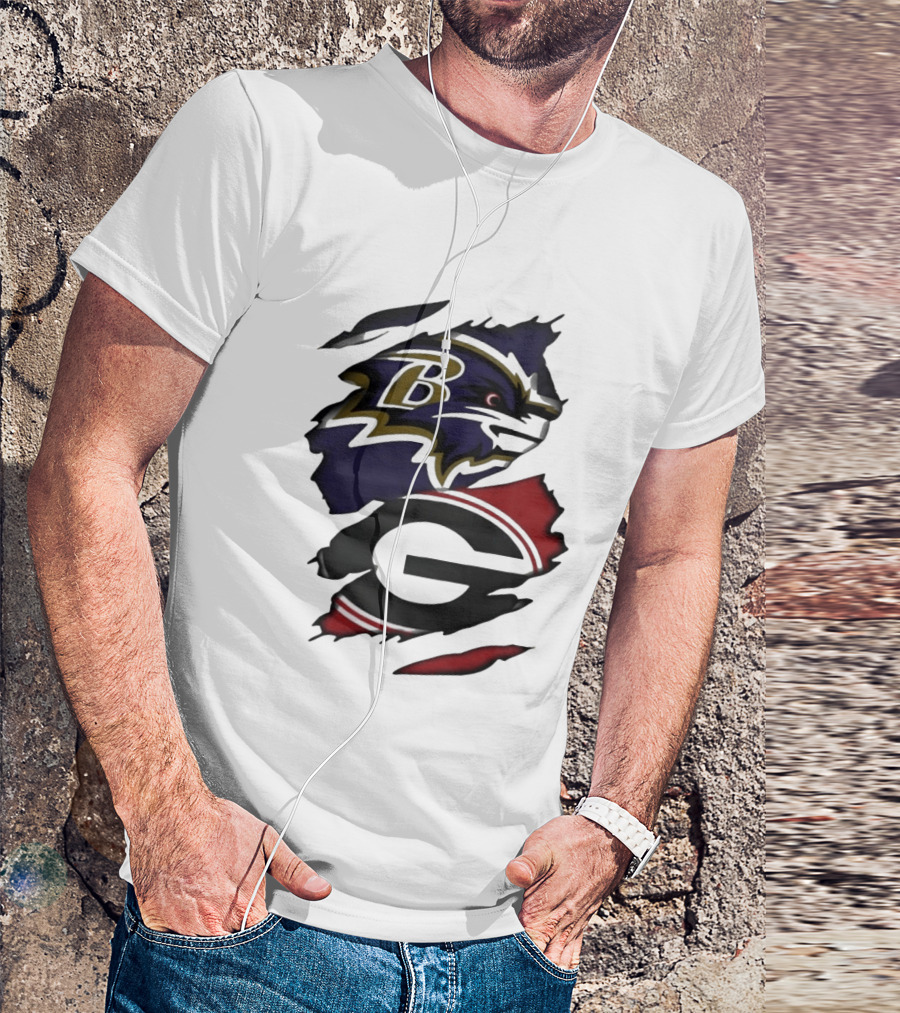 Baltimore Ravens Georgia Bulldogs Split Ripped Fabric T-Shirt