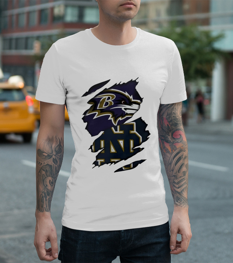Baltimore Ravens Notre Dame Fighting Irish Ripped Logo Clash T-Shirt