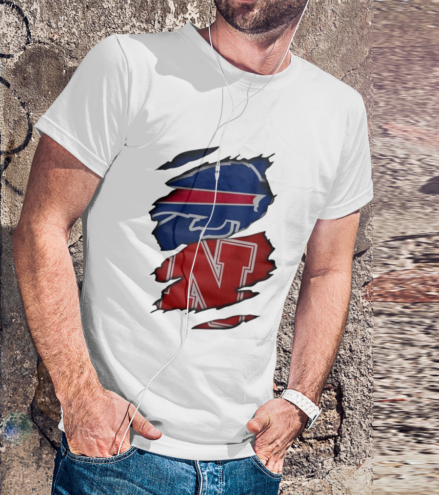 Buffalo Bills Nebraska Cornhuskers Ripped Effect Football Logos T-Shirt