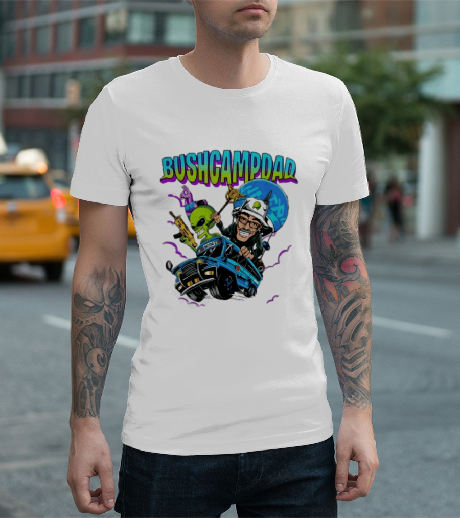 BUSHCAMPDAD Bush Camper The Battle Bus Alien Adventure T-Shirt
