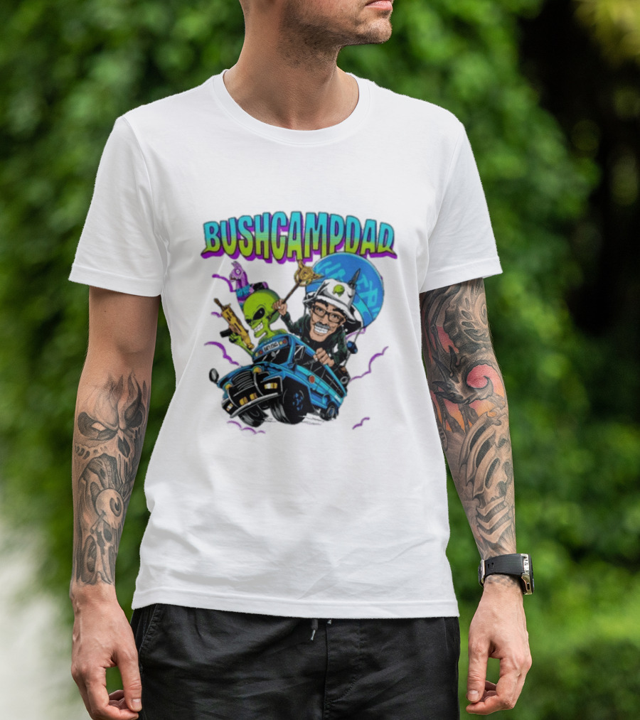 BUSHCAMPDAD Bush Camper The Battle Bus Alien Adventure T-Shirt