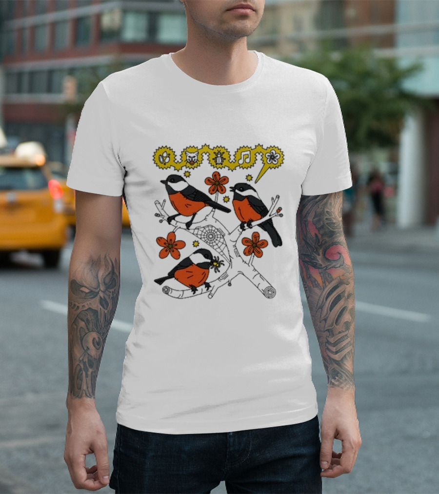 Chickadee Birds With Flowers And Music Notes T-Shirt