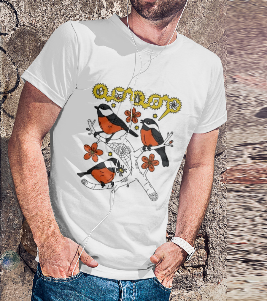 Chickadee Birds With Flowers And Music Notes T-Shirt