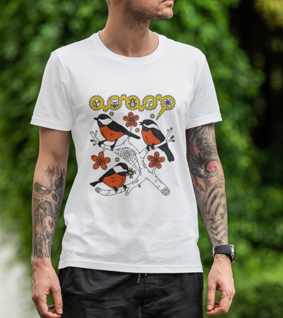 Chickadee Birds With Flowers And Music Notes T-Shirt