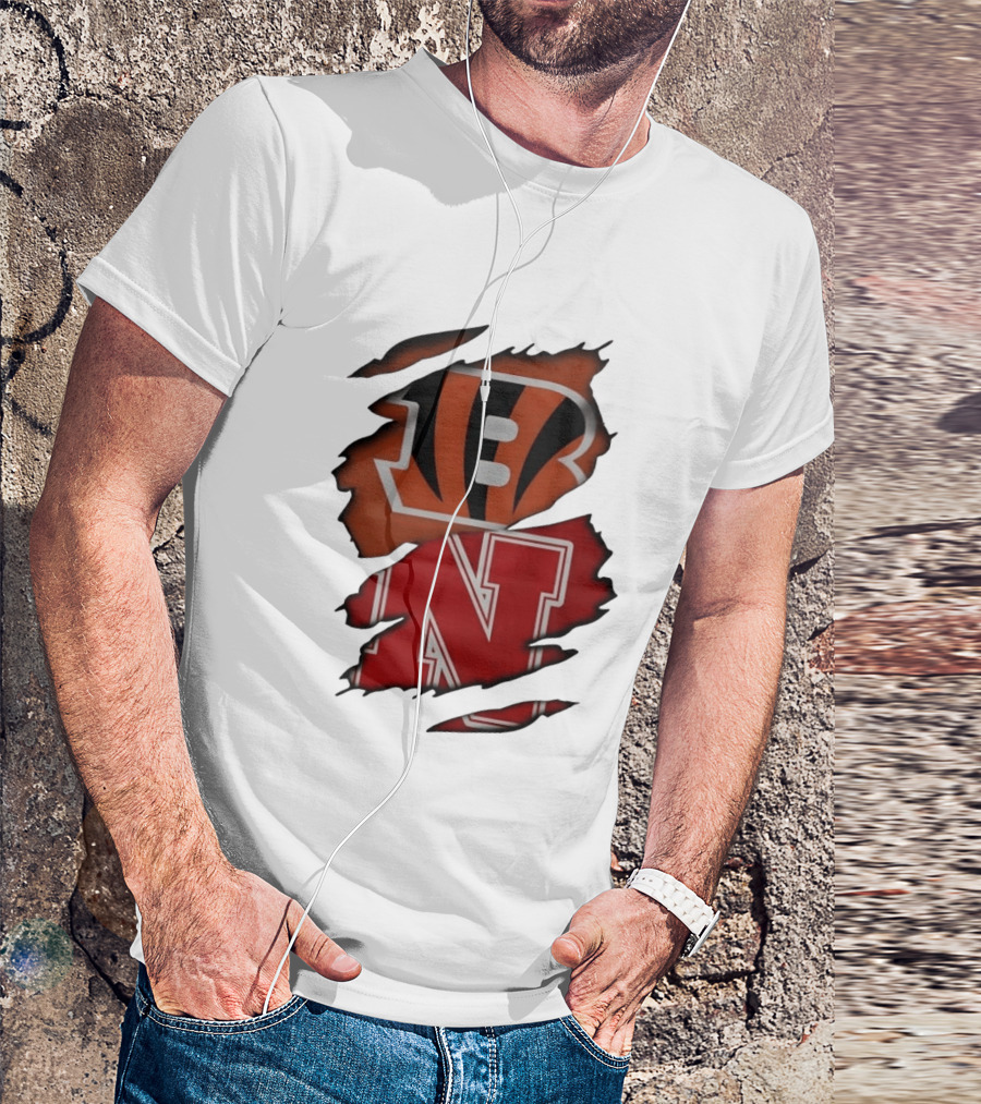 Cincinnati Bengals Nebraska Cornhuskers Combined Logos Ripped Fan Pride T-Shirt