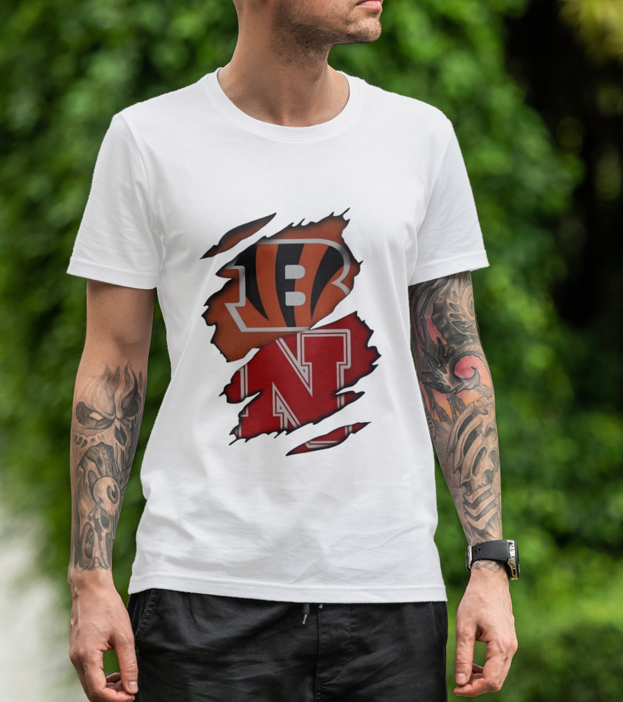 Cincinnati Bengals Nebraska Cornhuskers Combined Logos Ripped Fan Pride T-Shirt