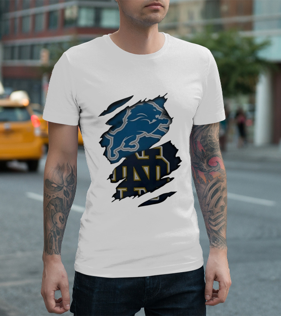 Detroit Lions Notre Dame Fighting Irish Distressed Logo Combination T-Shirt