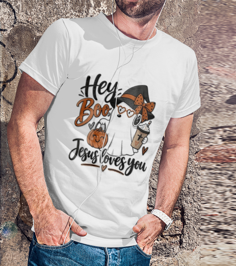 Hey Boo Jesus Loves You Ghost Witch Hat Glasses Pumpkin T-Shirt