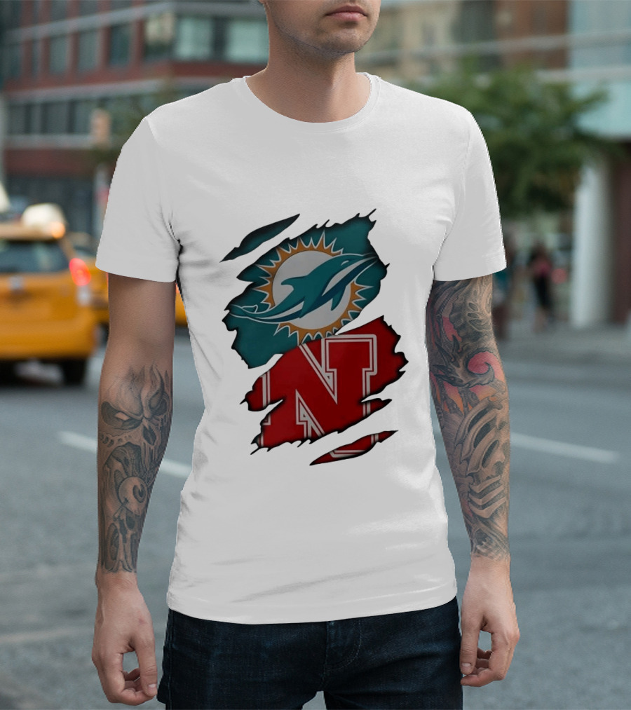 Miami Dolphins Nebraska Cornhuskers Ripped Skin Effect Football Team Fan T-Shirt
