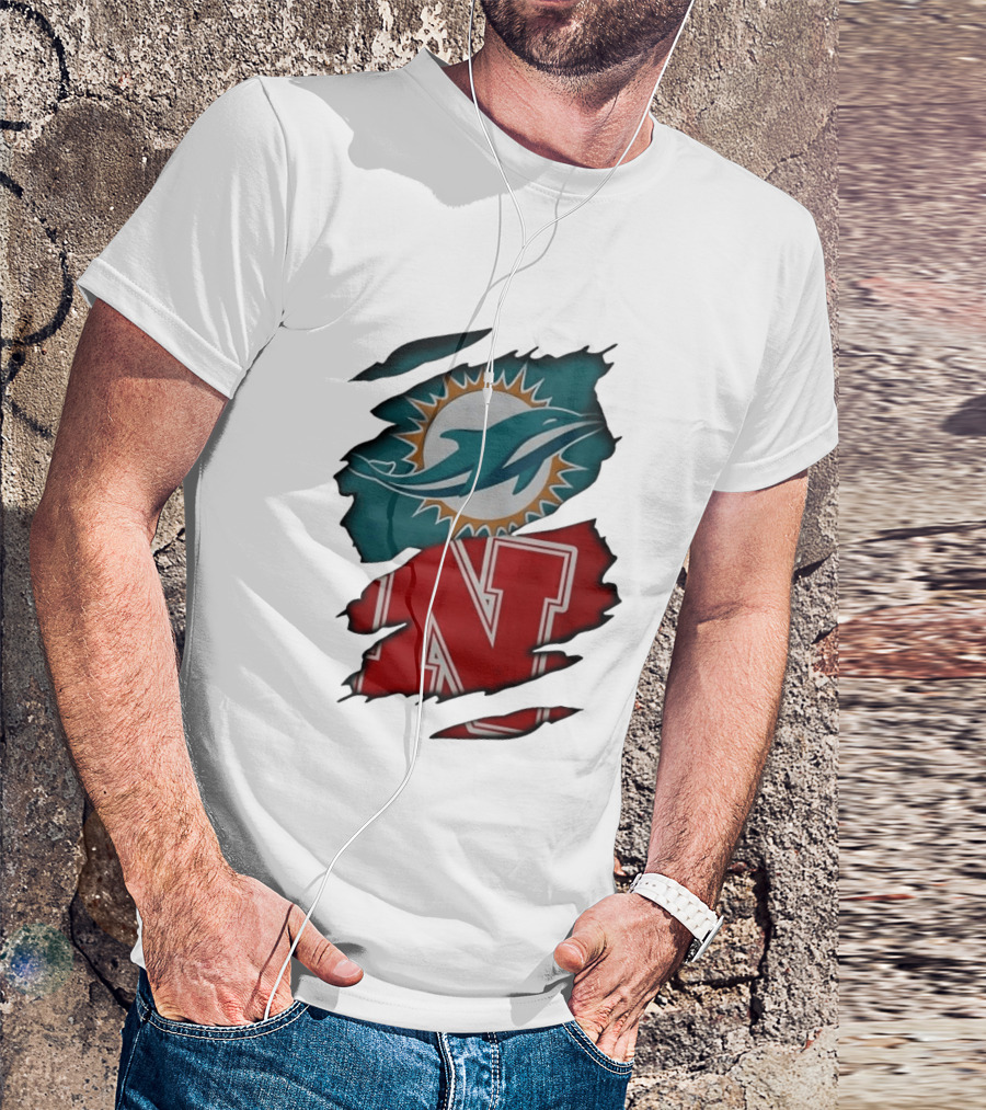 Miami Dolphins Nebraska Cornhuskers Ripped Skin Effect Football Team Fan T-Shirt