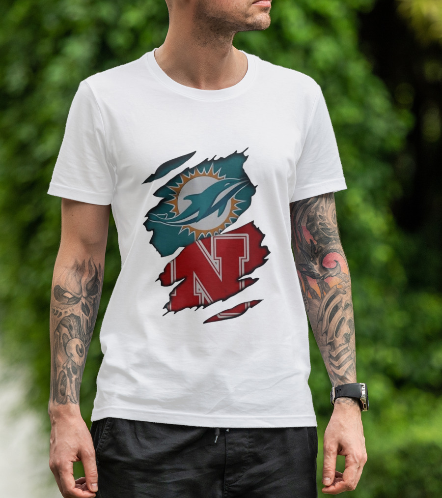 Miami Dolphins Nebraska Cornhuskers Ripped Skin Effect Football Team Fan T-Shirt