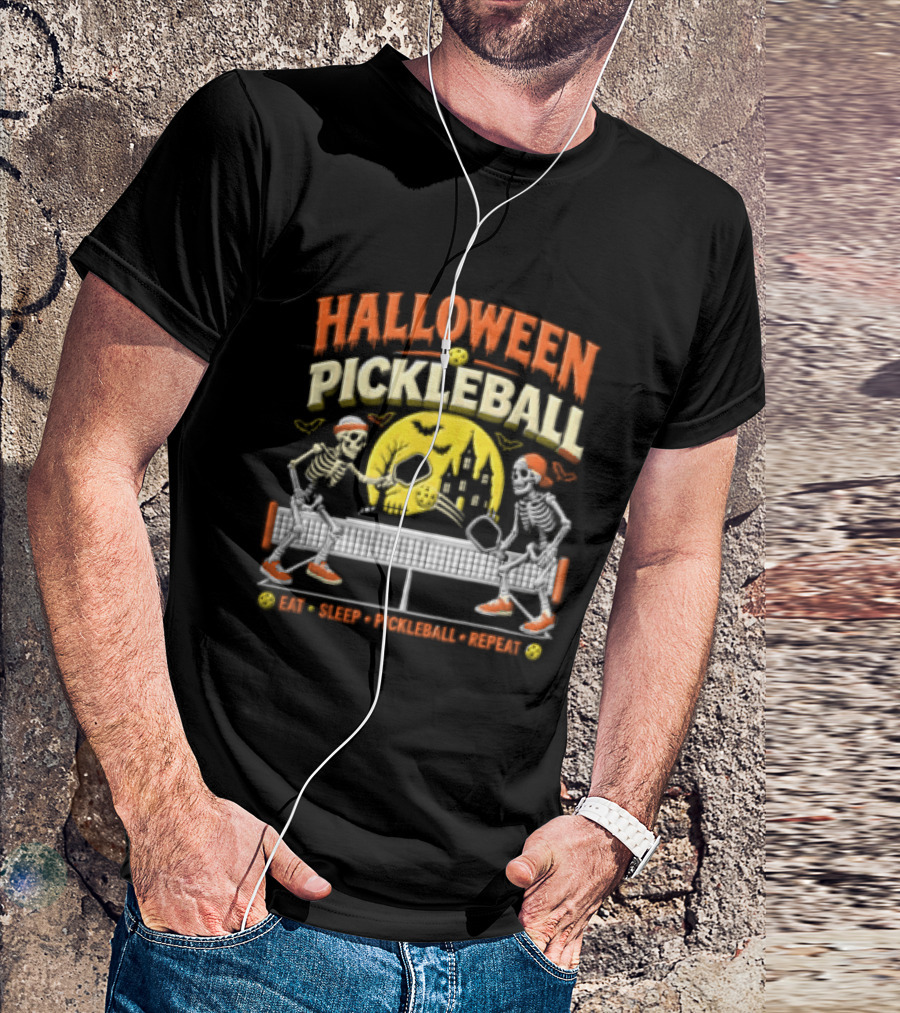 Halloween Pickleball Eat Sleep Pickleball Repeat Two Skeletons Haunted House T-Shirt