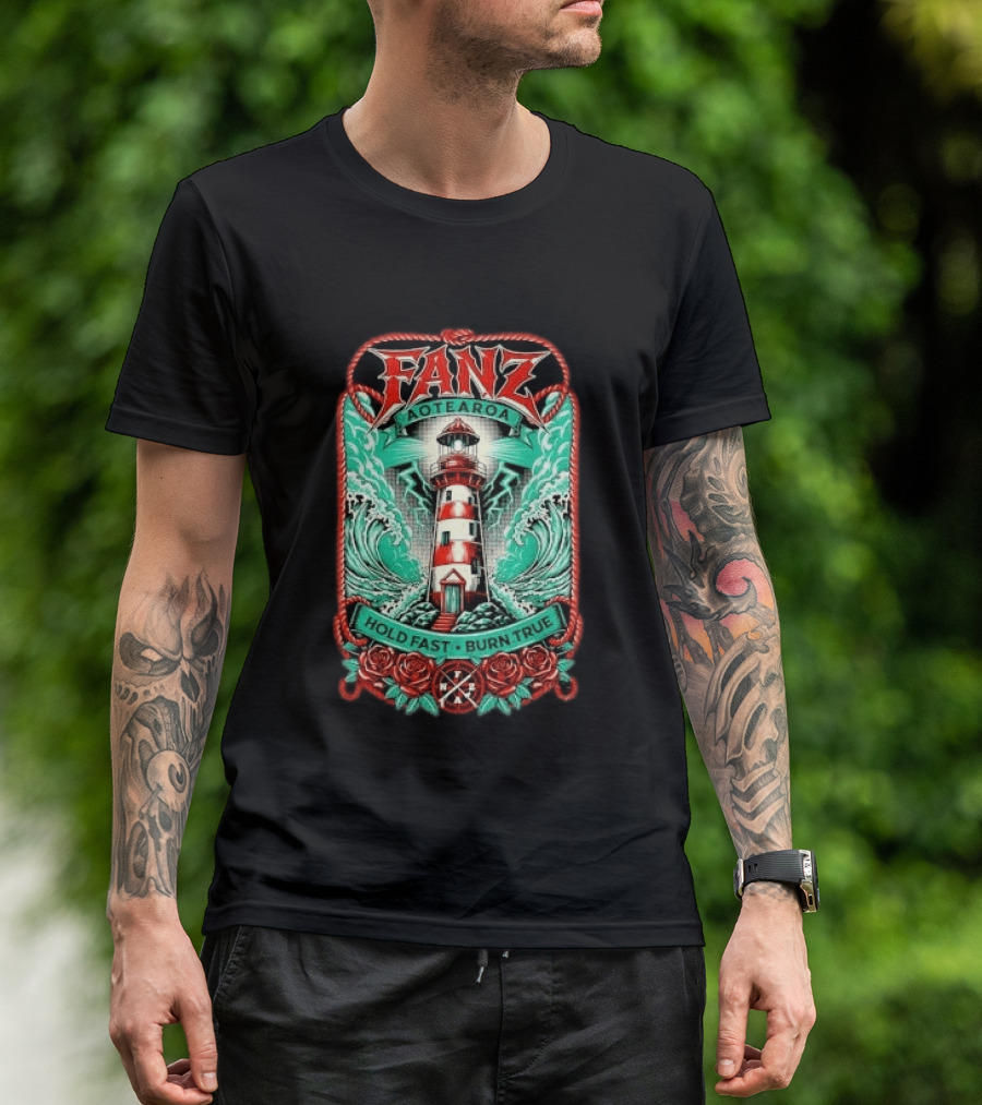 Fanz Aotearoa Hold Fast Burn True Striped Lighthouse Stormy Waves Lightning Roses Rope T-Shirt