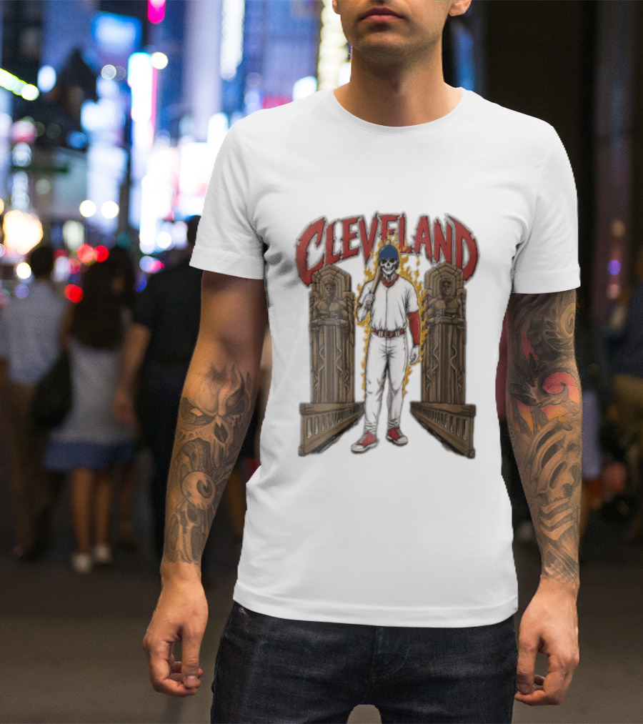 Cleveland Guardians Skeleton Baseball Player Flaming Statue T-Shirt