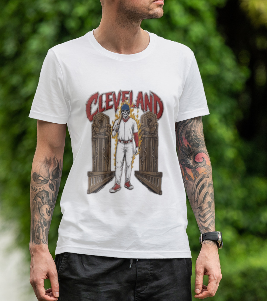 Cleveland Guardians Skeleton Baseball Player Flaming Statue T-Shirt
