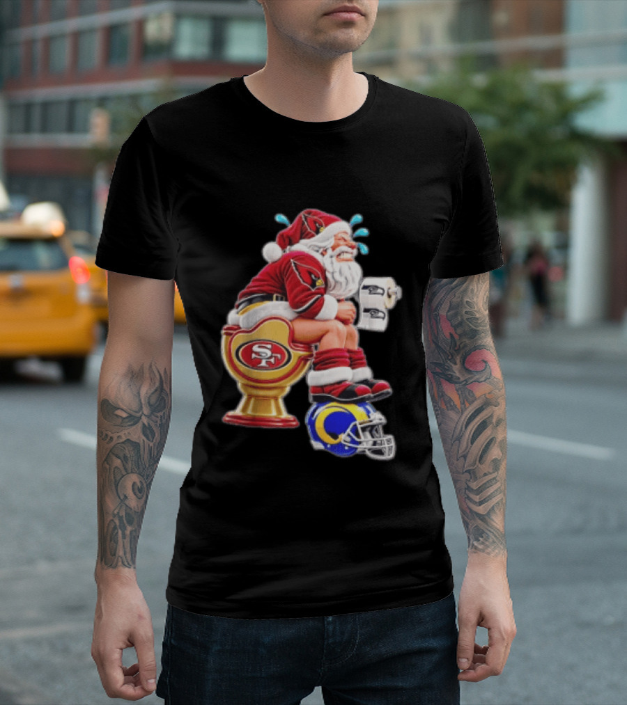 Santa Claus Sitting On San Francisco 49ers Toilet With Seattle Seahawks And Los Angeles Rams T-Shirt
