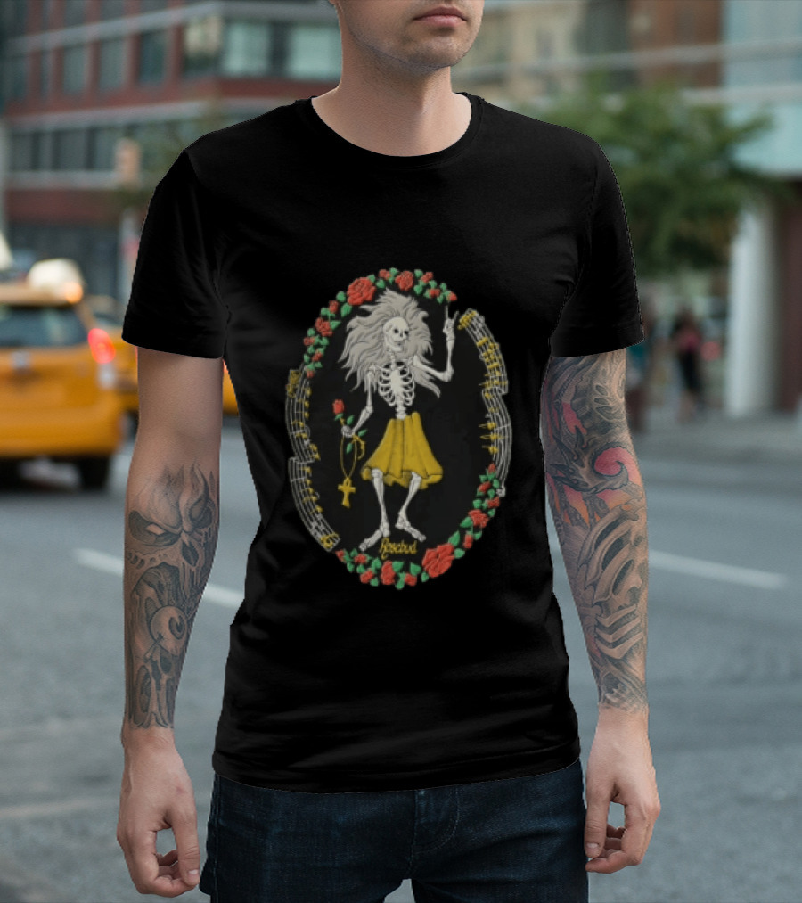 Peaceful Skeleton With Long Hair Yellow Skirt Roses And Ankh T-Shirt