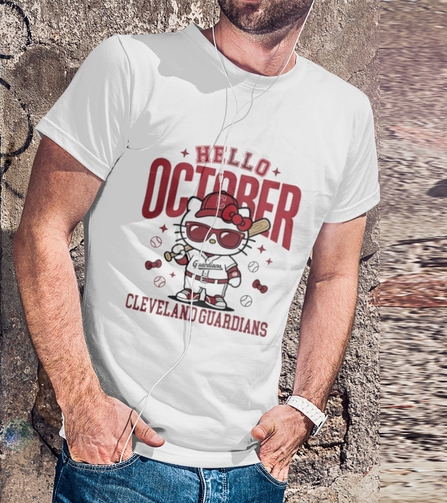 Hello Kitty Cleveland Guardians Hello October Baseball Player Cartoon T-Shirt