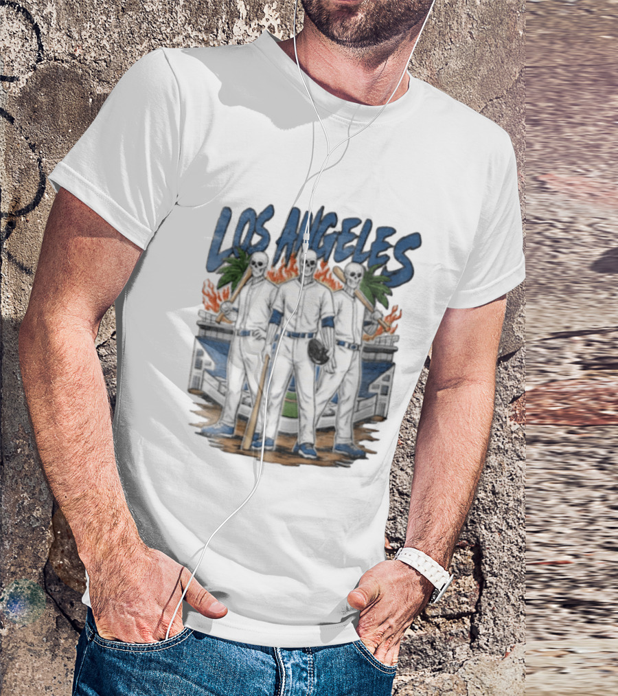 Los Angeles Skeleton Baseball Players Stadium Flames Palms T-Shirt