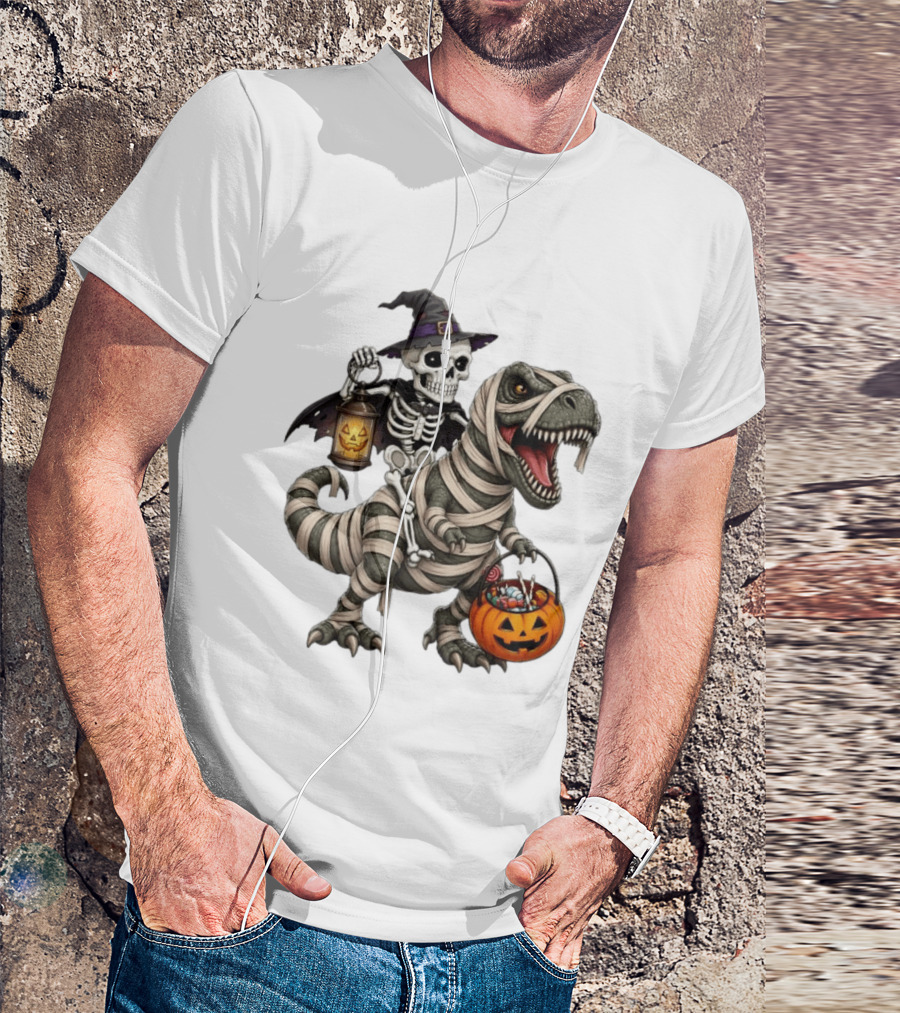Halloween Skeleton Witch On Mummy Rex With Pumpkin Candy Bucket T-Shirt