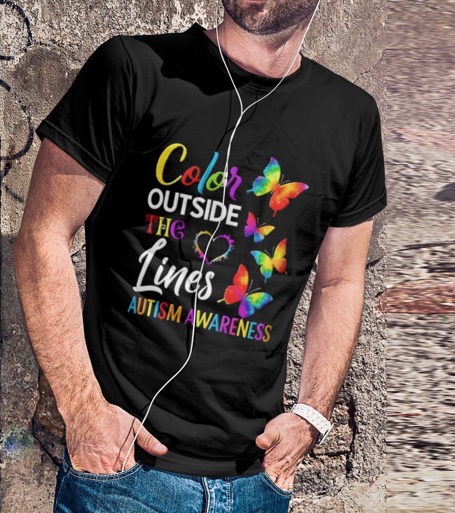 Color Outside The Lines Heart And Butterflies Autism Awareness T-Shirt