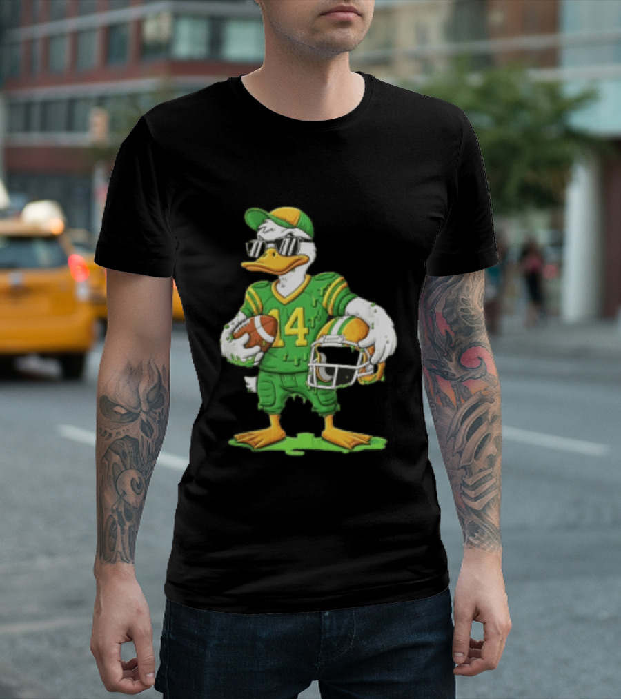 Duck With Sunglasses In Green Football Uniform Holding Helmet And Ball T-Shirt