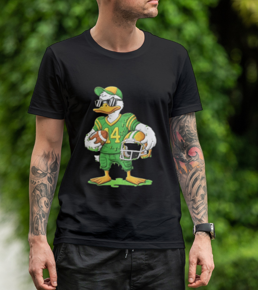 Duck With Sunglasses In Green Football Uniform Holding Helmet And Ball T-Shirt