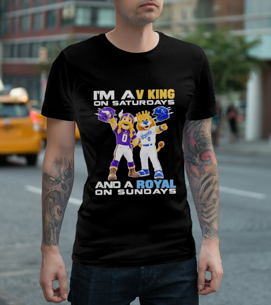I'm A V King On Saturdays And A Royal On Sundays With Mascots Vikings And Royals Helmets T-Shirt