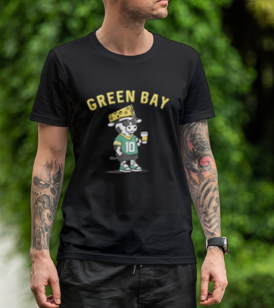 Green Bay Packers Jordan Love Cow Wearing Cheese Hat Sunglasses With Drink T-Shirt