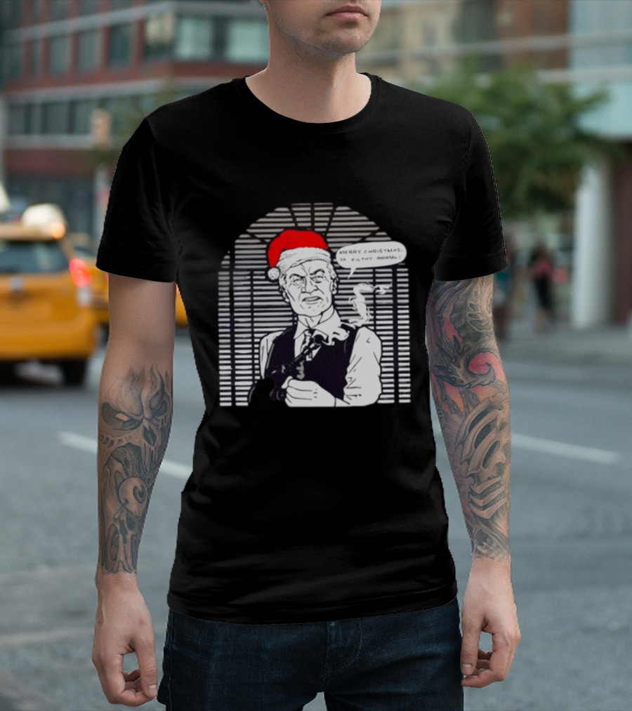 Joe Pesci Merry Christmas Ya Filthy Animal Home Alone Christmas Hat Smoking Gun Scene T-Shirt