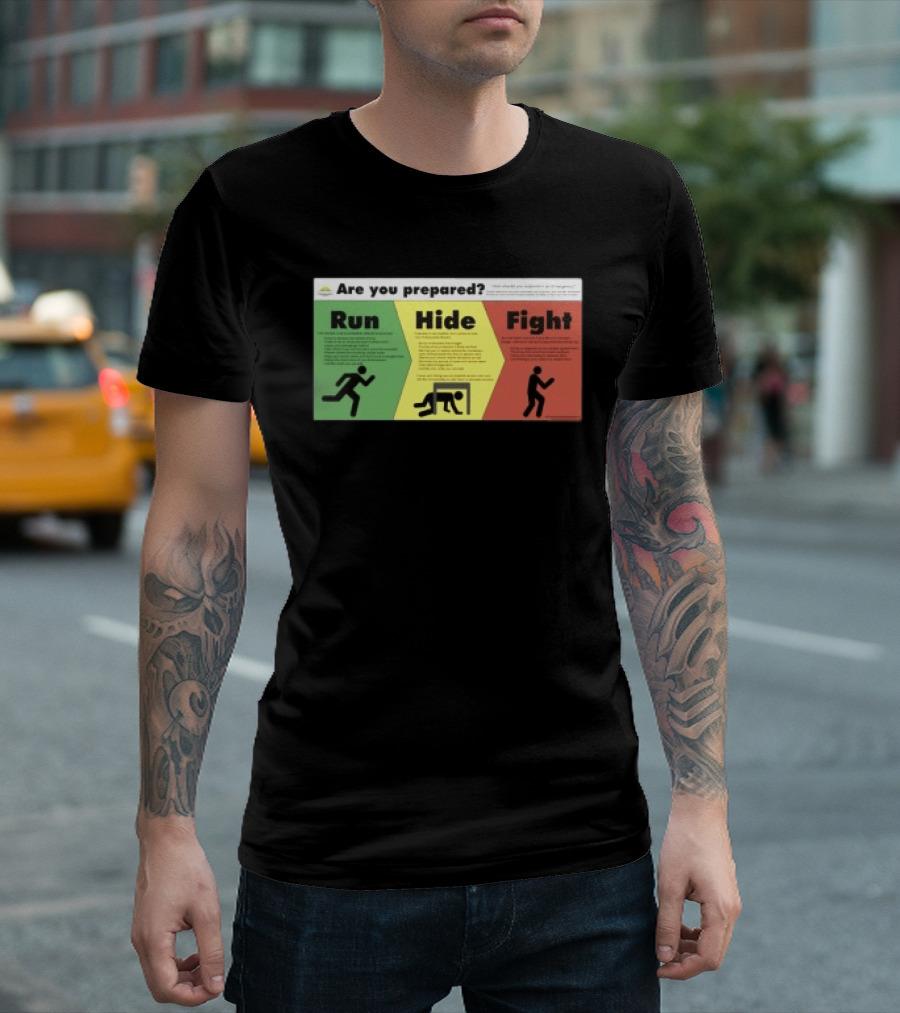 Grimykids Store Survival Guide Run Hide Fight Are You Prepared Emergency Strategy T-Shirt
