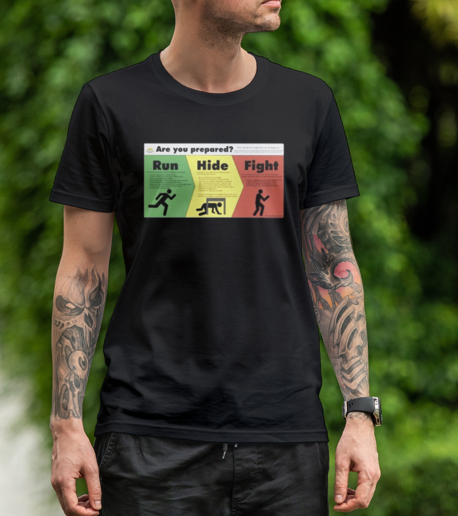 Grimykids Store Survival Guide Run Hide Fight Are You Prepared Emergency Strategy T-Shirt