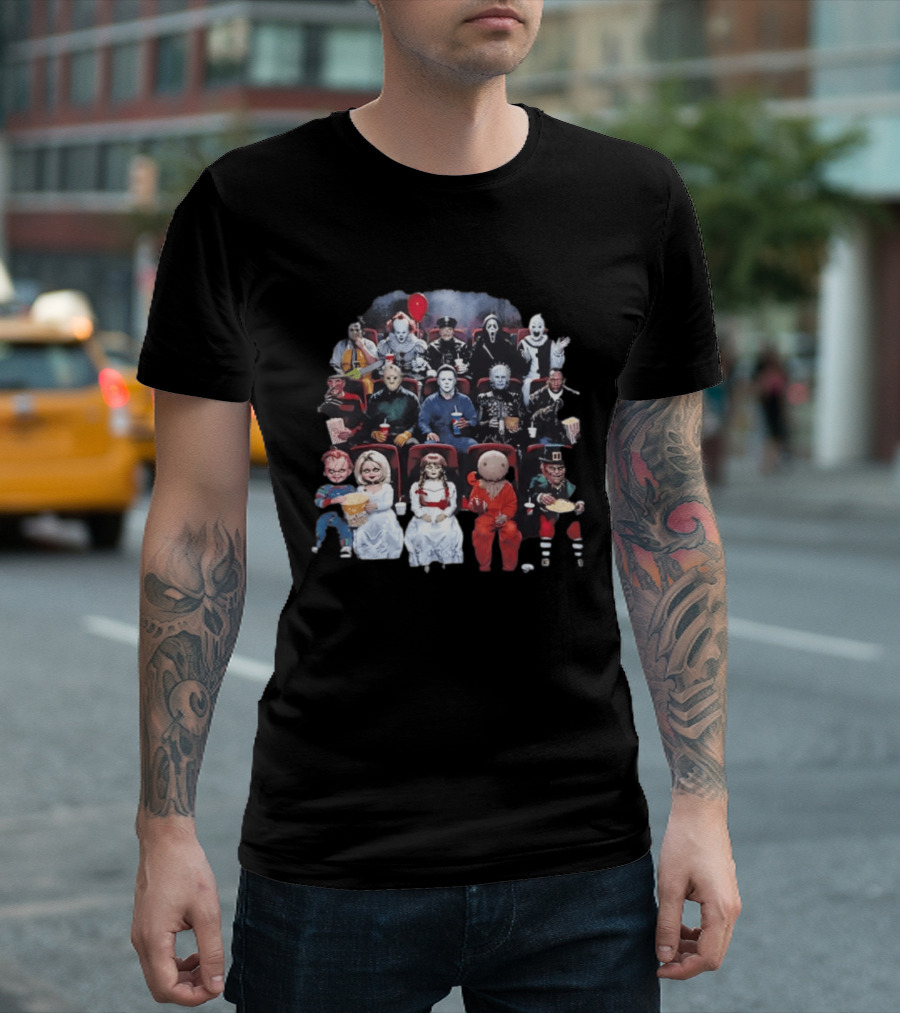 Horror Movie Characters In Cinema Seating With Popcorn And Drinks T-Shirt