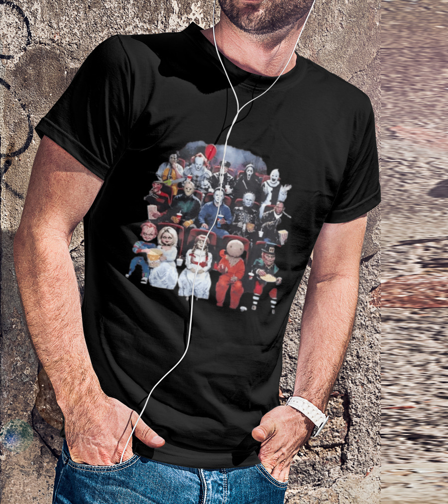 Horror Movie Characters In Cinema Seating With Popcorn And Drinks T-Shirt