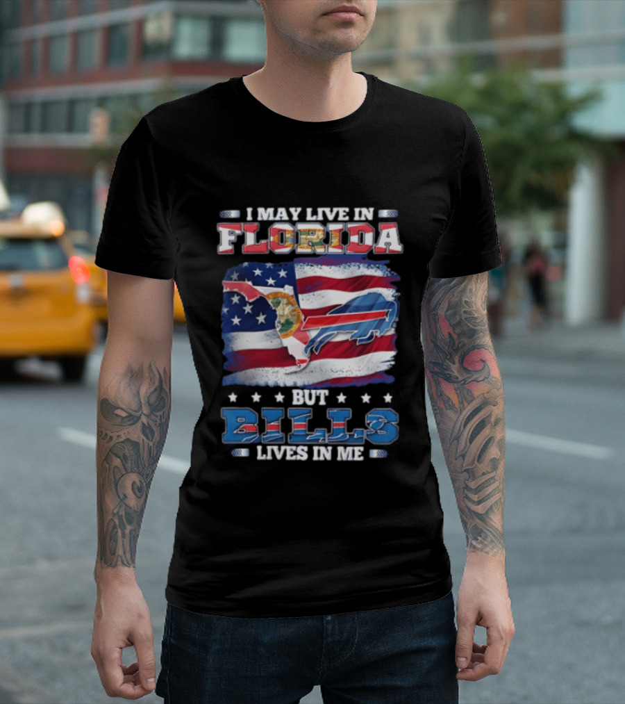 I May Live In Florida But Bills Lives In Me Buffalo Bills Flag Map T-Shirt