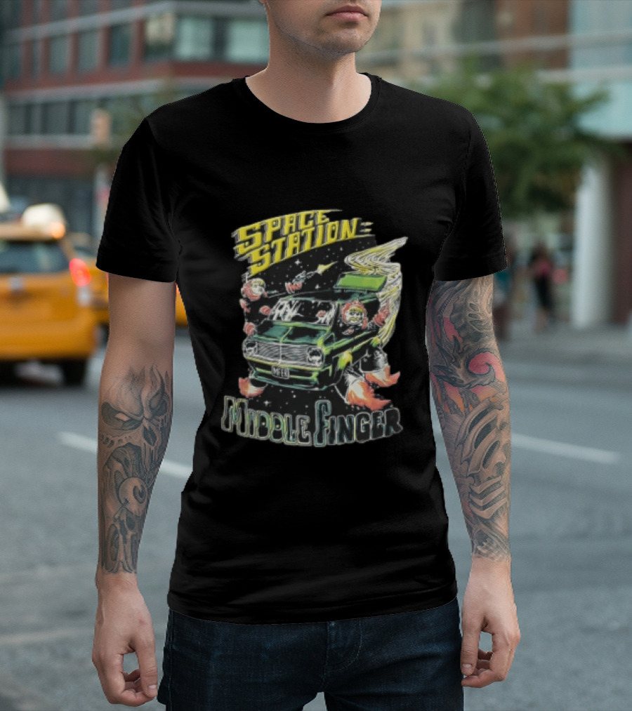 Space Station Middle Finger Astronauts Flying Green Van T-Shirt