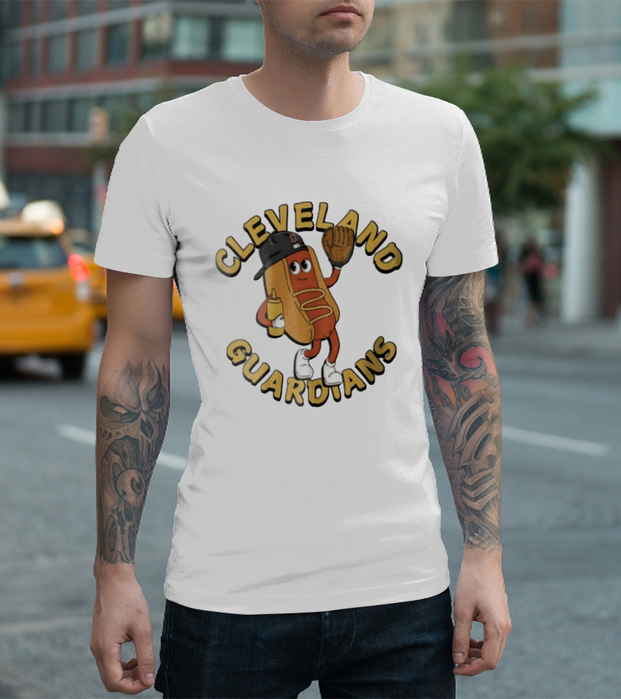 Cleveland Guardians Hot Dog Baseball Mascot Mustard Glove T-Shirt