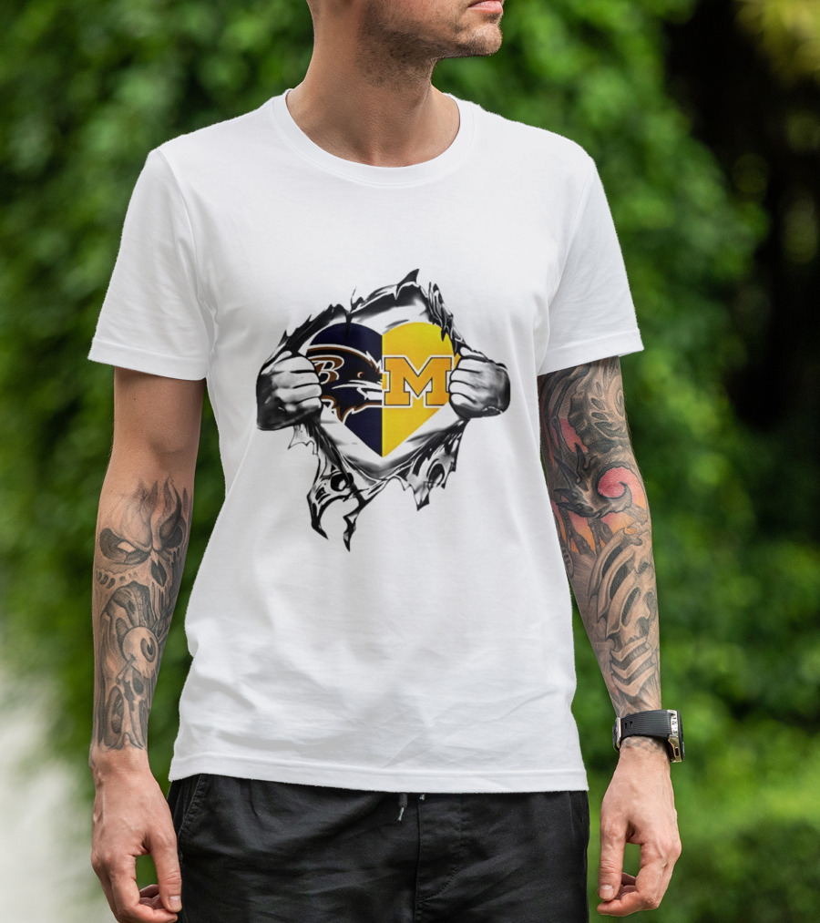 Ravens Michigan Heart Rips Open Chest Men's Double Loyalty Football Fan Gear T-Shirt
