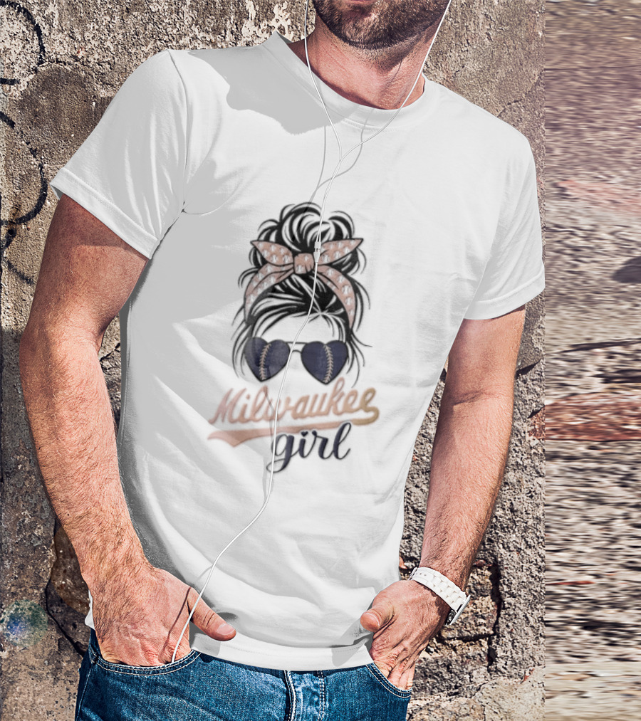 Milwaukee Girl Messy Bun Baseball Headband Sunglasses T-Shirt