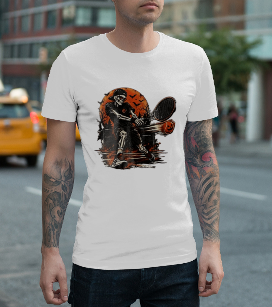 Halloween Skeleton Tennis Player With Pumpkin Ball And Full Moon T-Shirt