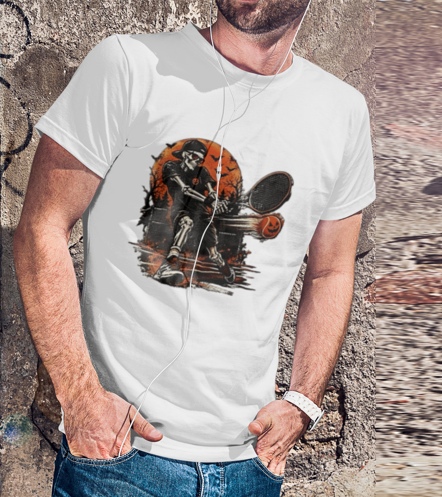 Halloween Skeleton Tennis Player With Pumpkin Ball And Full Moon T-Shirt