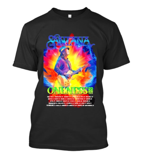 Santana Oneness 2026 Tour Carlos Santana Fire And Ice Tinley Park IL To Santa Barbara CA T-Shirt