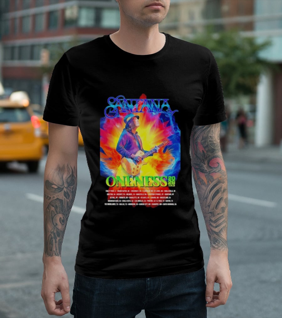 Santana Oneness 2026 Tour Carlos Santana Fire And Ice Tinley Park IL To Santa Barbara CA T-Shirt