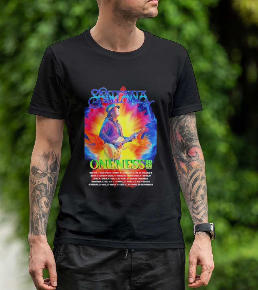 Santana Oneness 2026 Tour Carlos Santana Fire And Ice Tinley Park IL To Santa Barbara CA T-Shirt