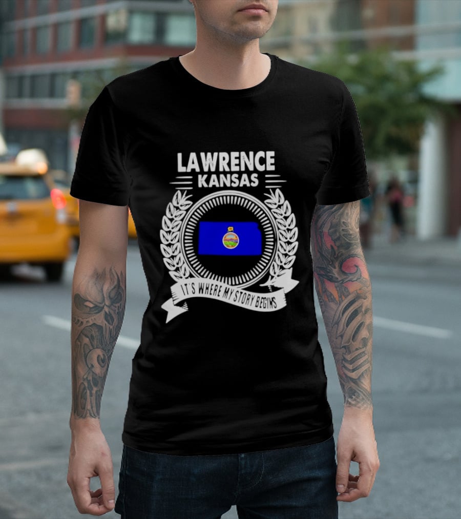Lawrence Kansas City Flag Emblem Where My Story Begins T-Shirt