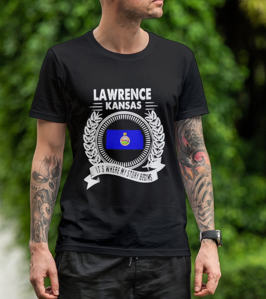 Lawrence Kansas City Flag Emblem Where My Story Begins T-Shirt