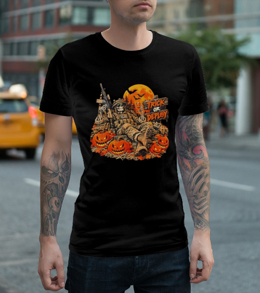 Trick Or Deploy Skeleton Soldier With Halloween Pumpkins And Rifle T-Shirt
