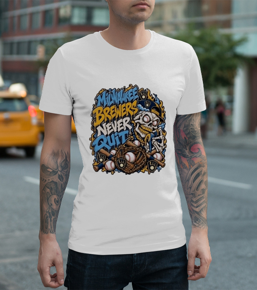 Milwaukee Brewers Never Quit Skull Baseball Gloves Balls T-Shirt