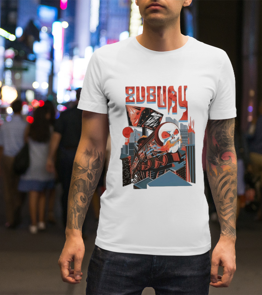 Subway Goes To Hell Skull Train Surreal Cityscape T-Shirt