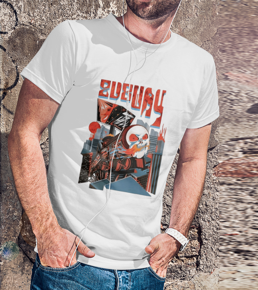 Subway Goes To Hell Skull Train Surreal Cityscape T-Shirt